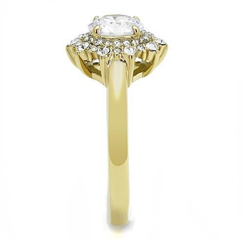 TK3035 IP Gold Stainless Steel Ring featuring a clear AAA Grade CZ stone, showcasing its elegant design and luxurious finish.