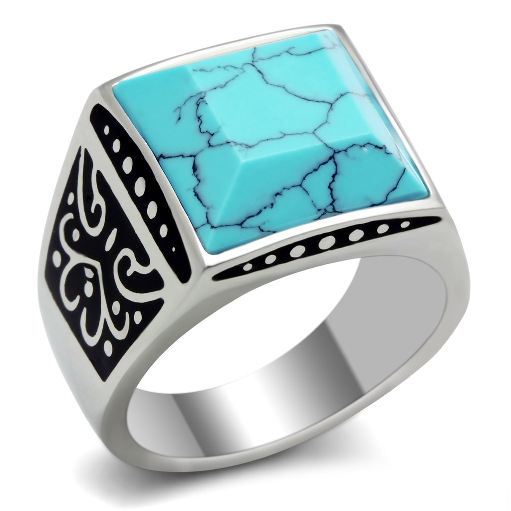 TK304 High Polished Stainless Steel Ring featuring a vibrant synthetic turquoise stone in sea blue color.