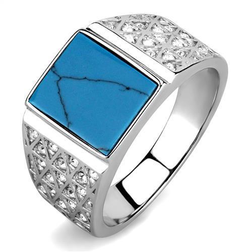 TK3004 High Polished Stainless Steel Ring featuring a vibrant synthetic turquoise center stone in sea blue color.