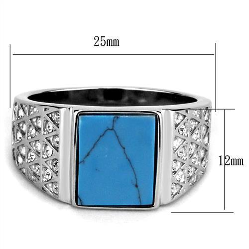 TK3004 High Polished Stainless Steel Ring featuring a vibrant synthetic turquoise center stone in sea blue color.