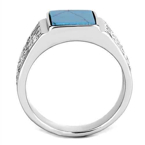 TK3004 High Polished Stainless Steel Ring featuring a vibrant synthetic turquoise center stone in sea blue color.