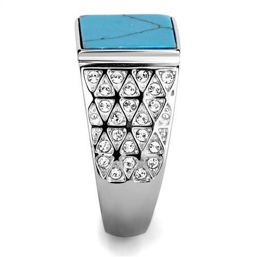 TK3004 High Polished Stainless Steel Ring featuring a vibrant synthetic turquoise center stone in sea blue color.