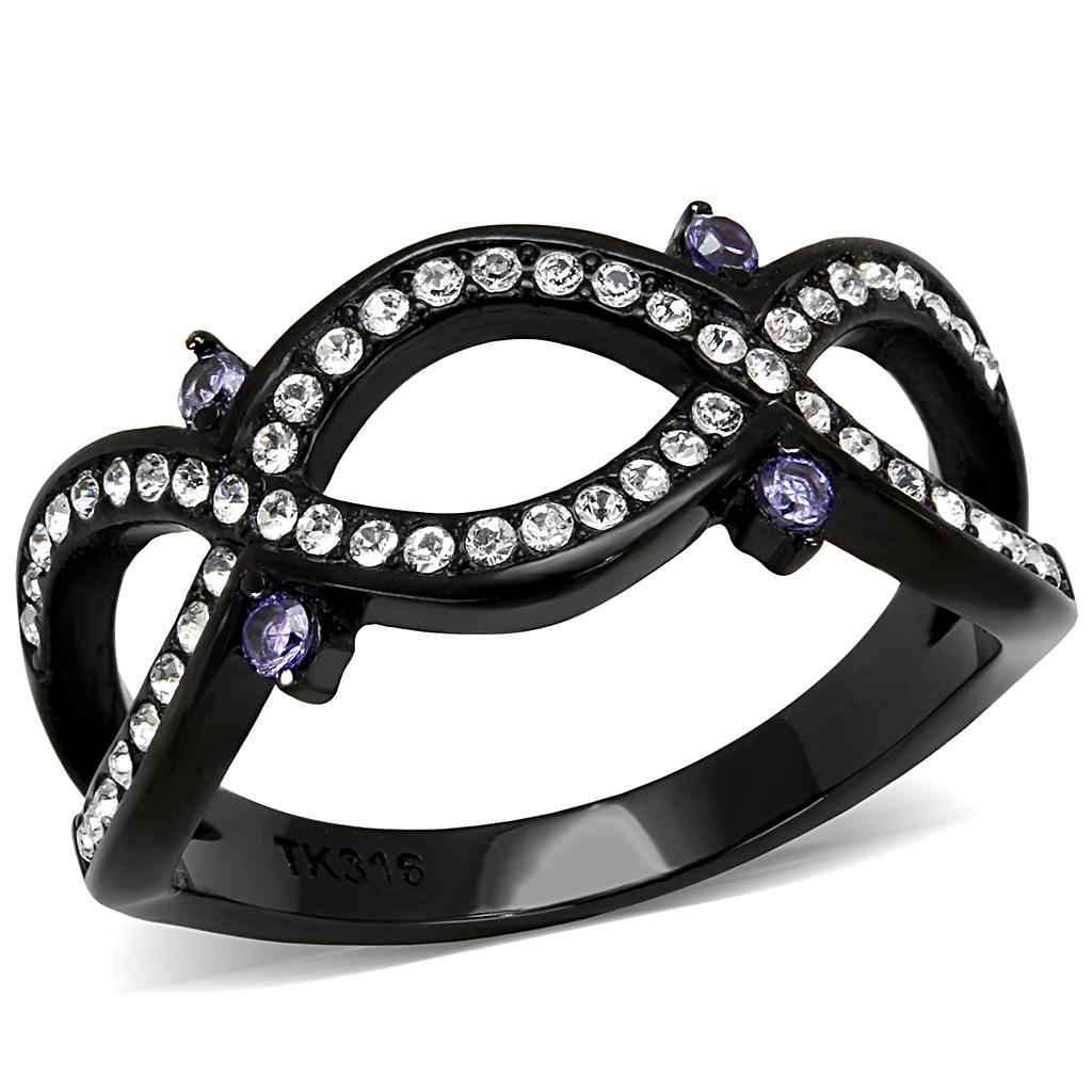 TK3047 IP Black Stainless Steel Ring featuring AAA Grade CZ in amethyst color, showcasing its elegant design and modern finish.