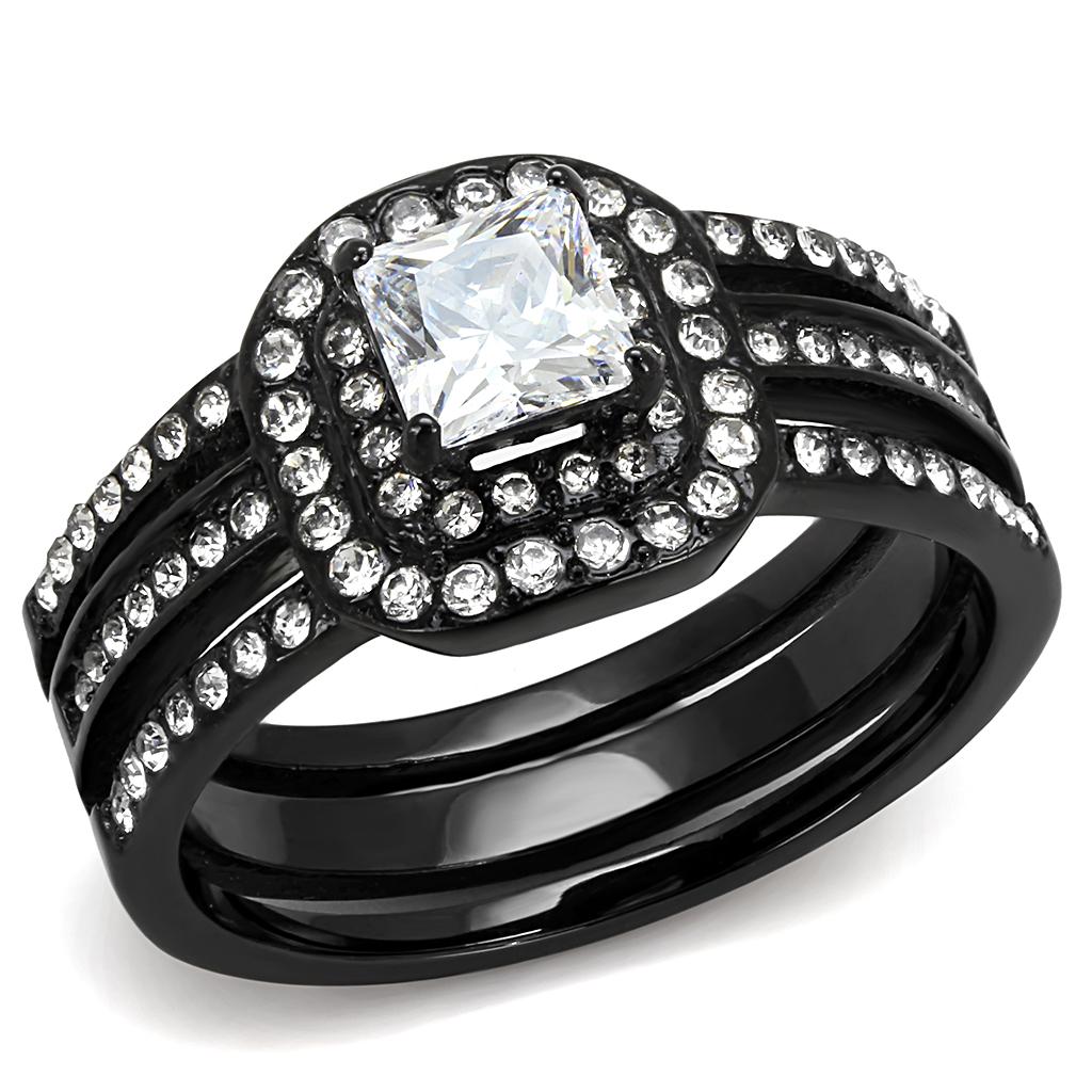 TK3048 IP Black Stainless Steel Ring featuring a clear AAA Grade CZ center stone, showcasing a sleek and modern design.