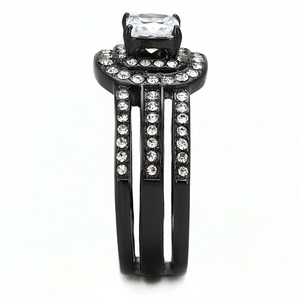 TK3048 IP Black Stainless Steel Ring featuring a clear AAA Grade CZ center stone, showcasing a sleek and modern design.