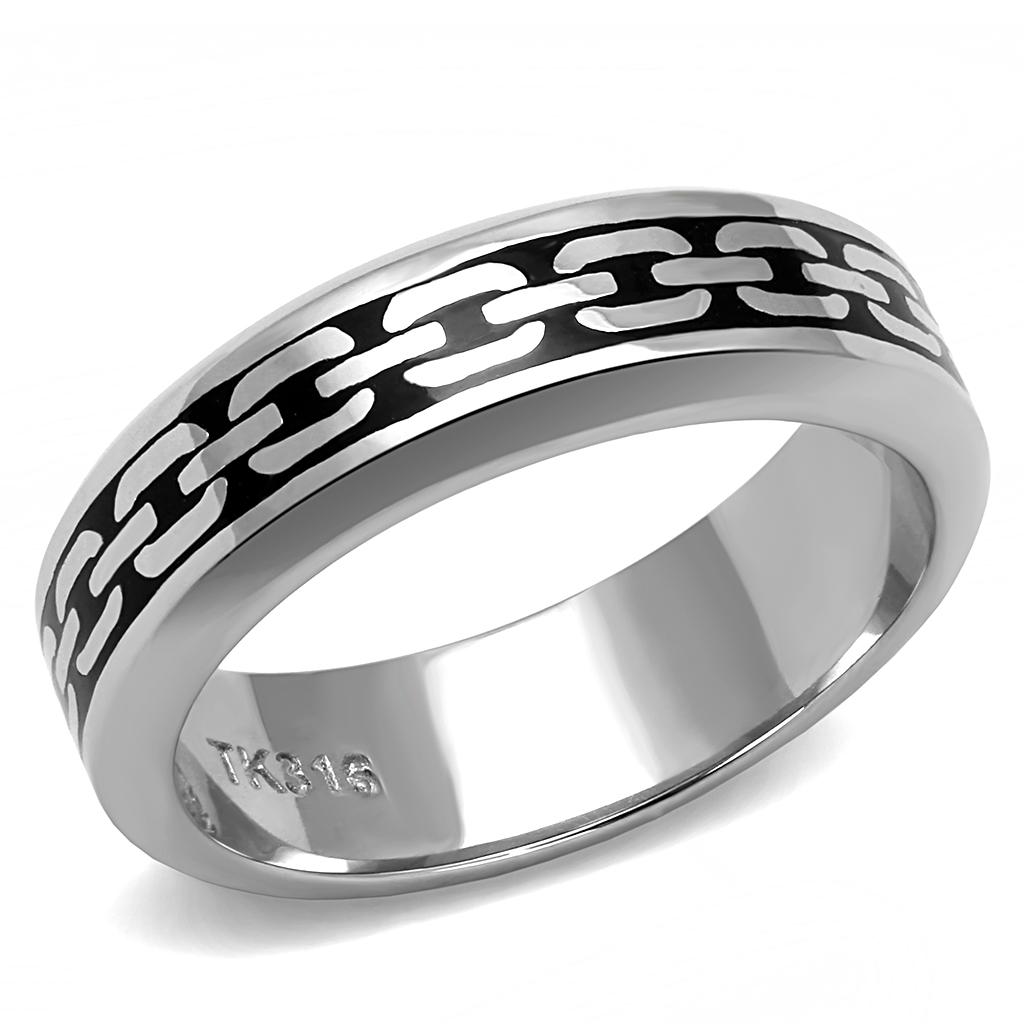 TK3061 High Polished Stainless Steel Ring featuring a jet black epoxy center stone, showcasing a sleek and modern design.