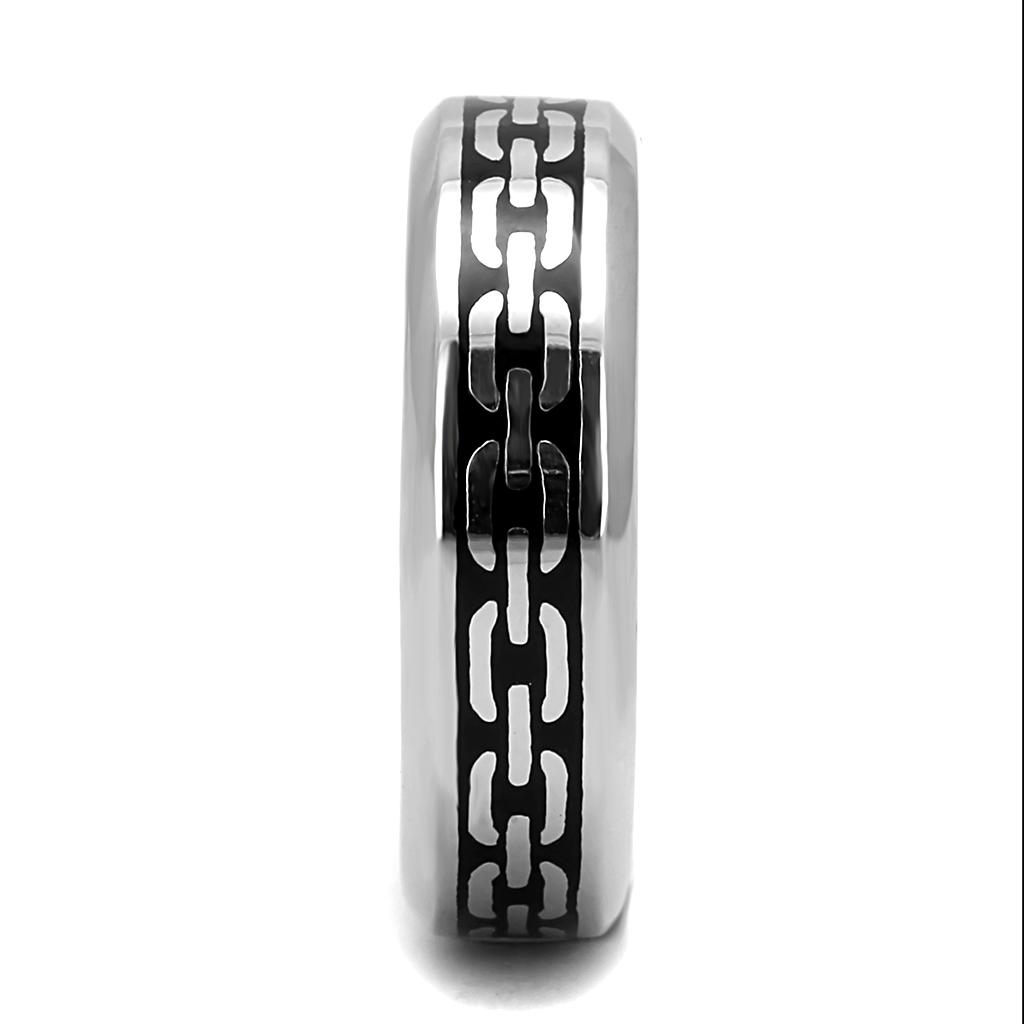 TK3061 High Polished Stainless Steel Ring featuring a jet black epoxy center stone, showcasing a sleek and modern design.