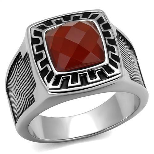 TK3007 High Polished Stainless Steel Ring featuring a Siam Agate center stone, showcasing a sleek and modern design.