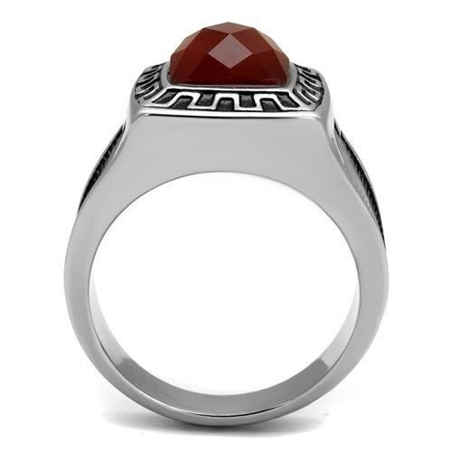 TK3007 High Polished Stainless Steel Ring featuring a Siam Agate center stone, showcasing a sleek and modern design.