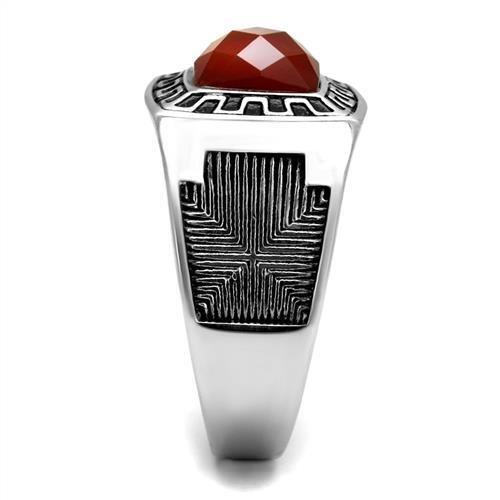 TK3007 High Polished Stainless Steel Ring featuring a Siam Agate center stone, showcasing a sleek and modern design.