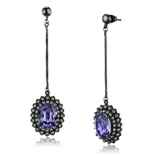 TK3073 IP Black Stainless Steel Earrings featuring top-grade tanzanite crystals, showcasing a modern design with a sleek finish.