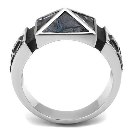 TK3075 High Polished Stainless Steel Ring featuring a unique leather center stone in jet color, showcasing a sleek and modern design.