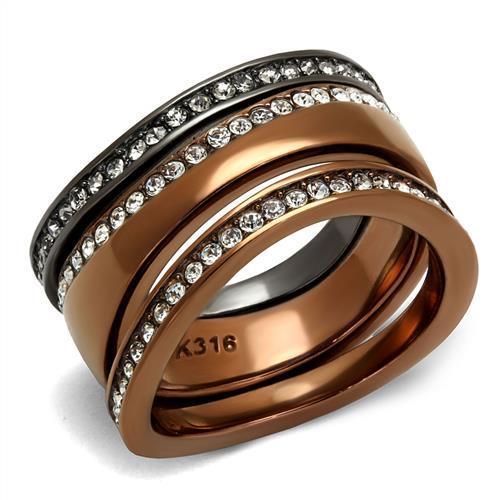 TK3082 IP Light Black and Coffee Stainless Steel Ring featuring a black diamond crystal center stone, showcasing a modern and elegant design.