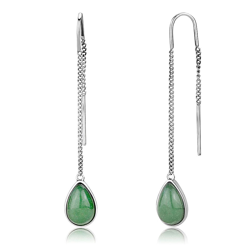 High polished stainless steel earrings featuring emerald jade stones, showcasing elegance and durability.