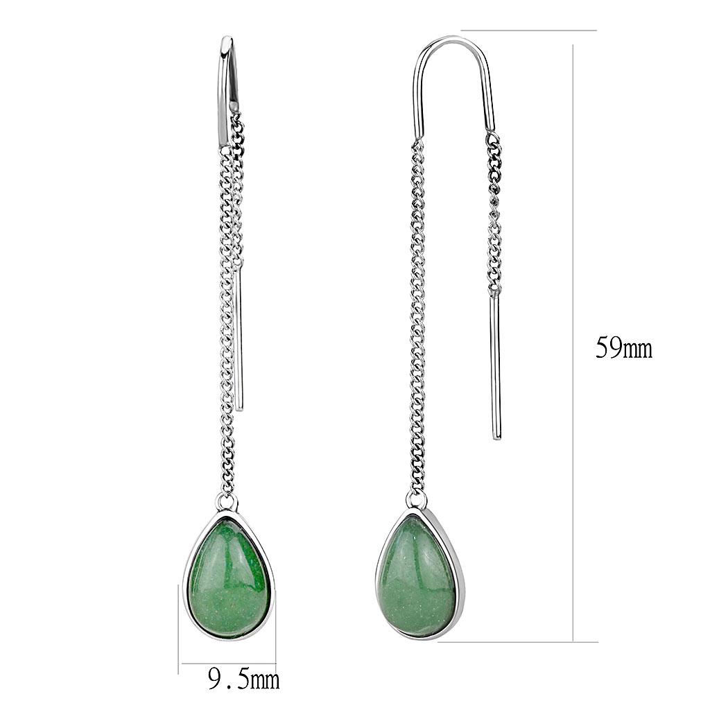 High polished stainless steel earrings featuring emerald jade stones, showcasing elegance and durability.