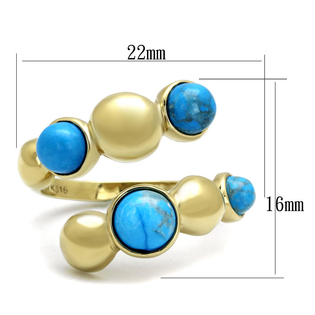 TK3091 IP Gold Stainless Steel Ring featuring a vibrant sea blue turquoise stone, showcasing elegance and durability.