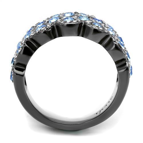 TK3111 IP Light Black Stainless Steel Ring with top-grade light sapphire crystal centerpiece, showcasing a modern and elegant design.