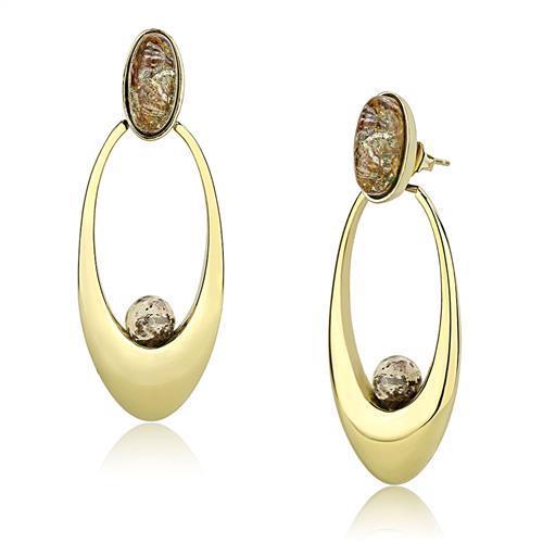 TK3101 IP Gold Stainless Steel Earrings featuring multi-color Oligoclase stones, showcasing elegance and durability.