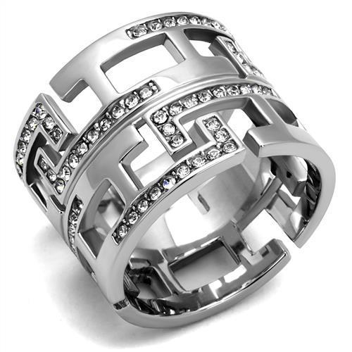 TK3105 High Polished Stainless Steel Ring featuring a clear top-grade crystal centerpiece, showcasing its elegant design and shine.