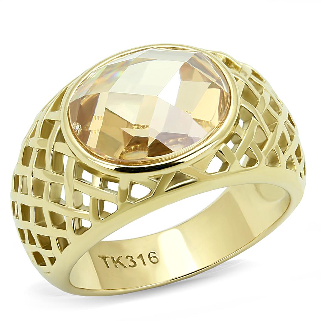 TK3122 IP Gold Stainless Steel Ring featuring AAA Grade Champagne CZ stone, showcasing its elegant design and luxurious finish.