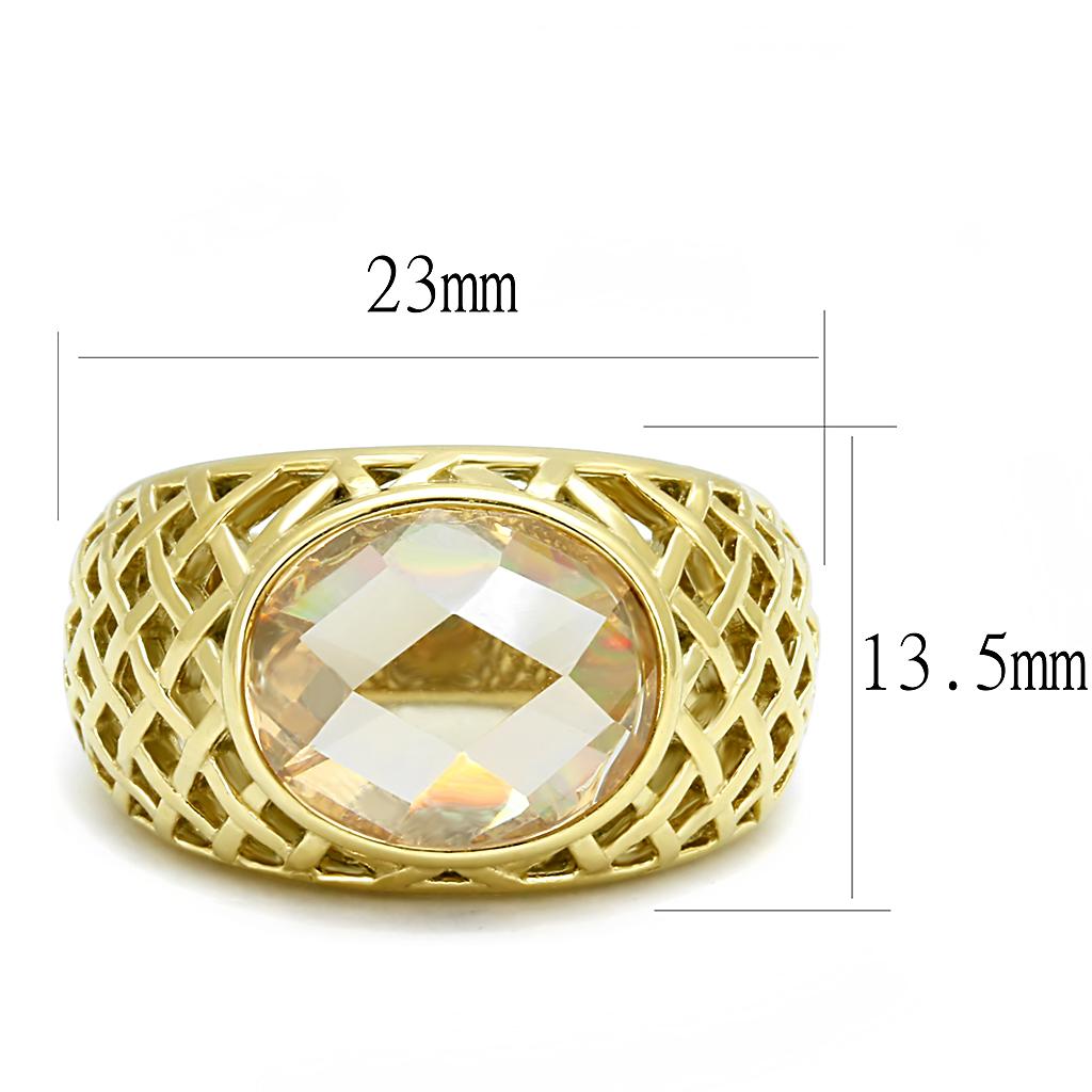 TK3122 IP Gold Stainless Steel Ring featuring AAA Grade Champagne CZ stone, showcasing its elegant design and luxurious finish.