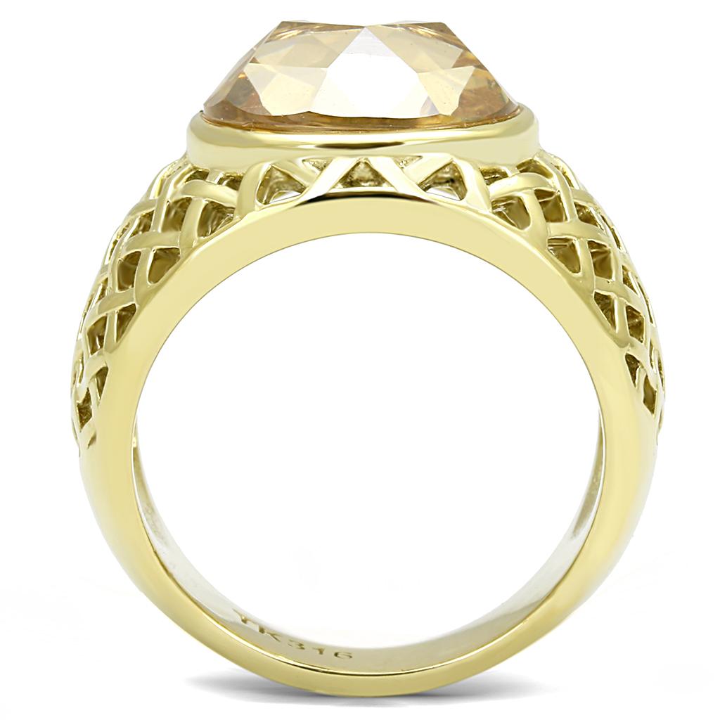 TK3122 IP Gold Stainless Steel Ring featuring AAA Grade Champagne CZ stone, showcasing its elegant design and luxurious finish.