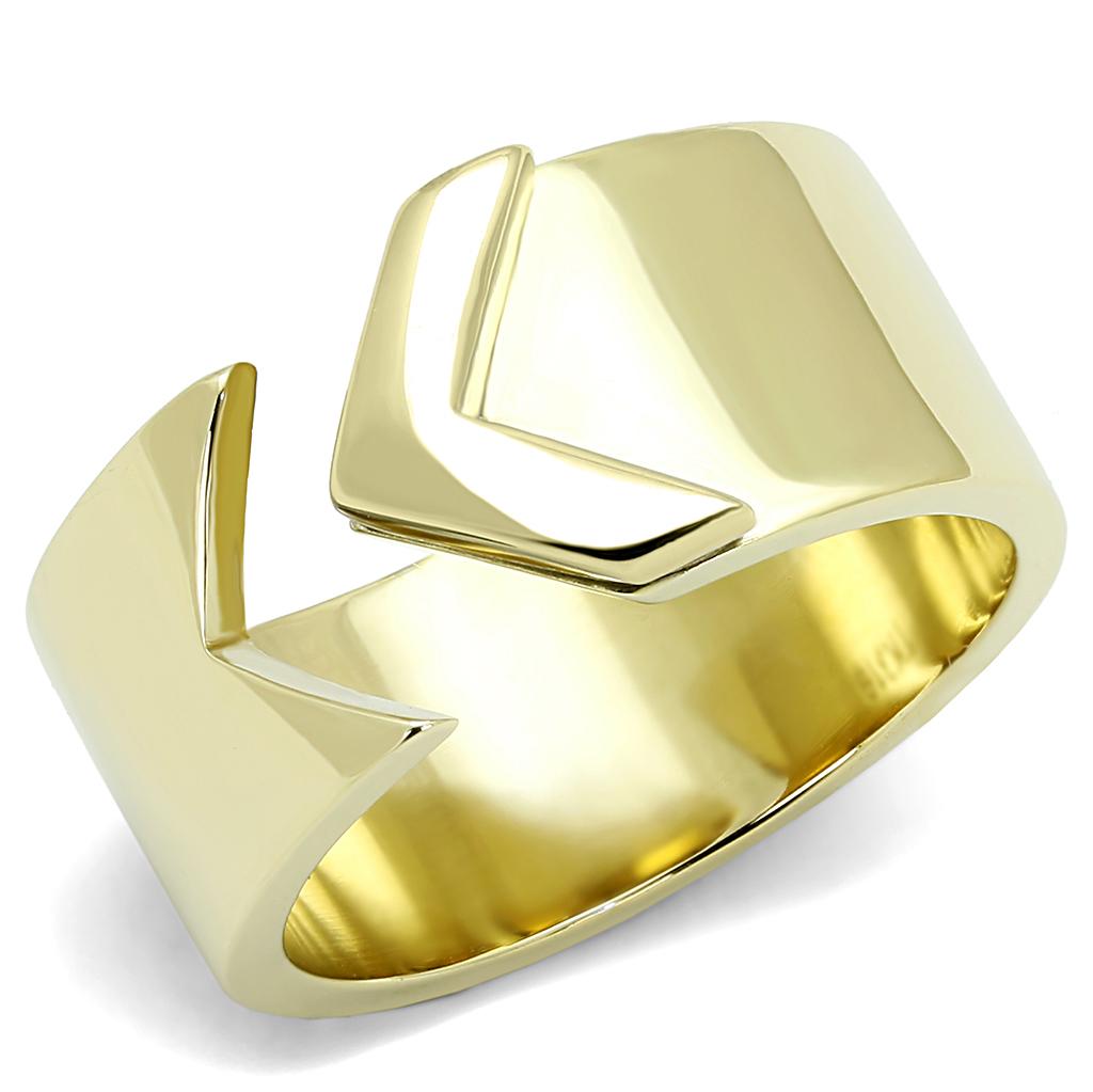 TK3120 IP Gold Stainless Steel Ring with a sleek design, featuring a shiny gold finish and no center stone, perfect for minimalist style.