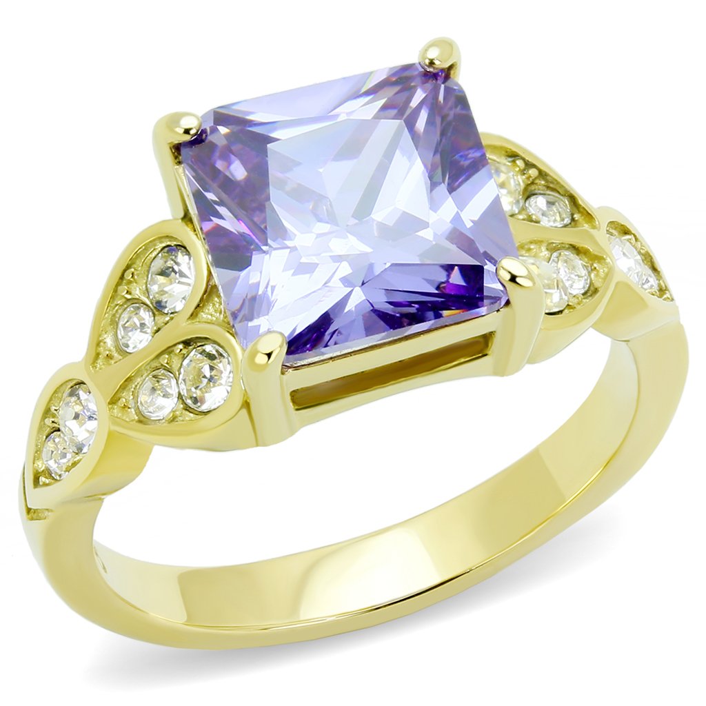 TK3125 IP Gold Stainless Steel Ring featuring AAA Grade CZ stone in light amethyst color, showcasing a luxurious and elegant design.