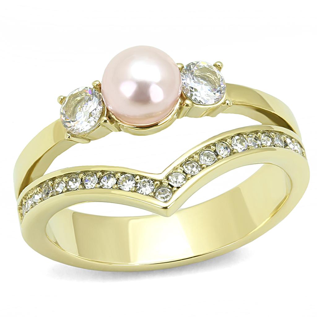 TK3126 IP Gold Stainless Steel Ring featuring a synthetic rose pearl centerpiece, showcasing its elegant design and luxurious finish.