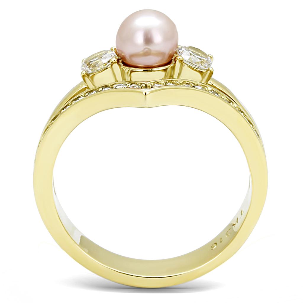 TK3126 IP Gold Stainless Steel Ring featuring a synthetic rose pearl centerpiece, showcasing its elegant design and luxurious finish.