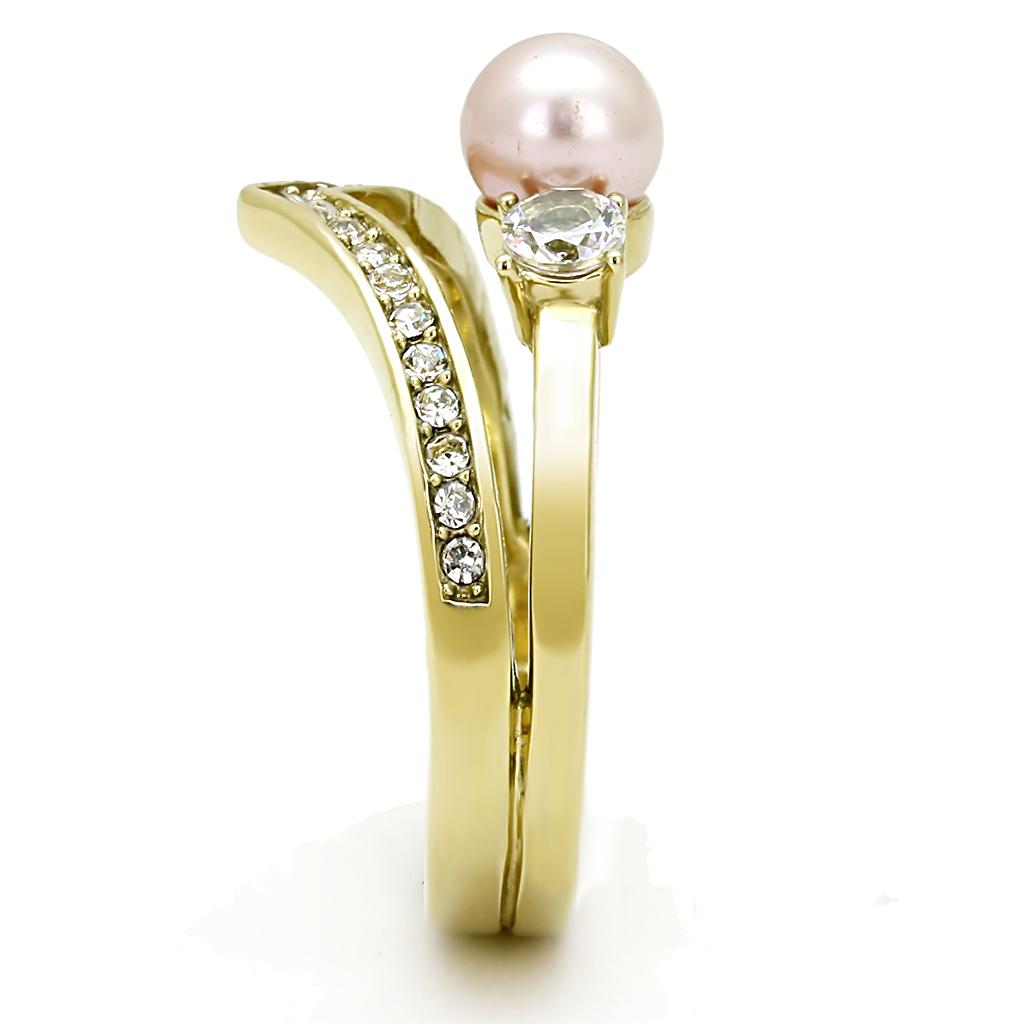 TK3126 IP Gold Stainless Steel Ring featuring a synthetic rose pearl centerpiece, showcasing its elegant design and luxurious finish.