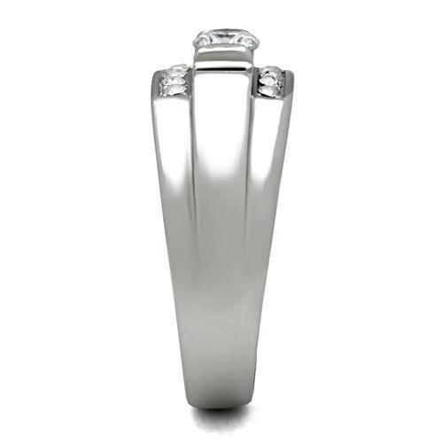 TK314 High Polished Stainless Steel Ring featuring a clear AAA Grade CZ center stone, showcasing its elegant design and shine.