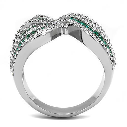 TK3142 High Polished Stainless Steel Ring featuring an emerald crystal centerpiece, showcasing its elegant design and shiny finish.