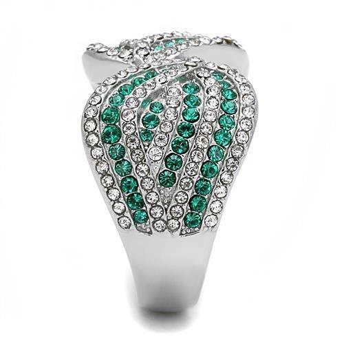 TK3142 High Polished Stainless Steel Ring featuring an emerald crystal centerpiece, showcasing its elegant design and shiny finish.