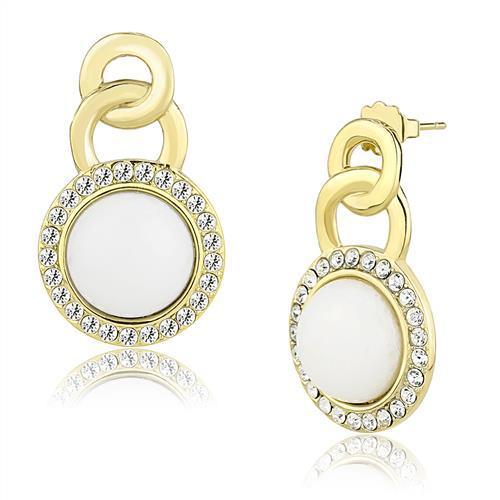 Elegant TK3152 IP Gold Stainless Steel Earrings featuring a white synthetic jade center stone, perfect for any occasion.