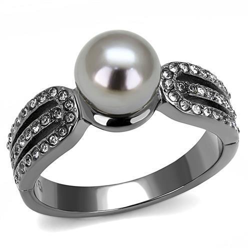 TK3170 IP Light Black Stainless Steel Ring featuring a gray synthetic pearl centerpiece, showcasing a modern and elegant design.