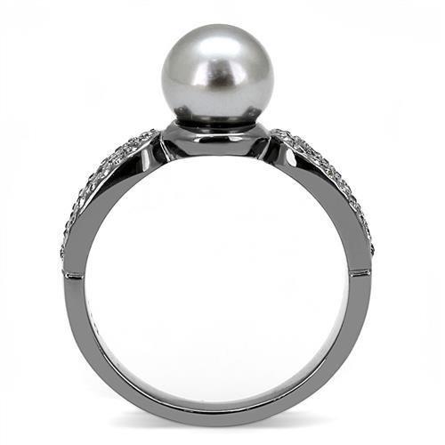 TK3170 IP Light Black Stainless Steel Ring featuring a gray synthetic pearl centerpiece, showcasing a modern and elegant design.