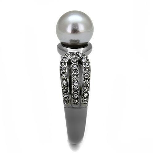 TK3170 IP Light Black Stainless Steel Ring featuring a gray synthetic pearl centerpiece, showcasing a modern and elegant design.