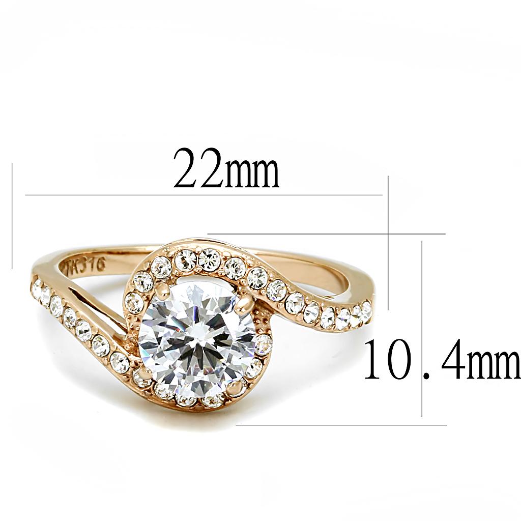 TK3178 IP Rose Gold Stainless Steel Ring featuring a clear AAA Grade CZ stone, showcasing elegance and durability.