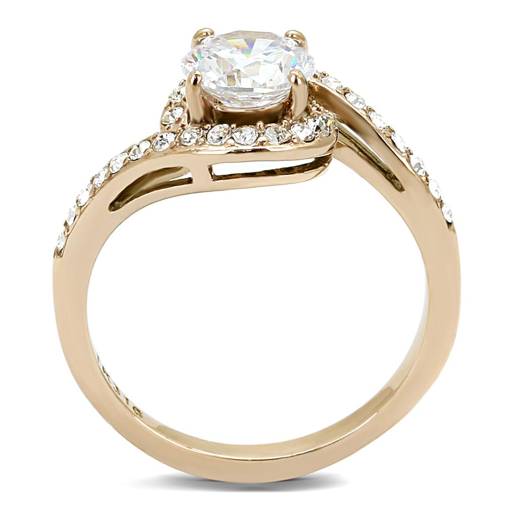 TK3178 IP Rose Gold Stainless Steel Ring featuring a clear AAA Grade CZ stone, showcasing elegance and durability.