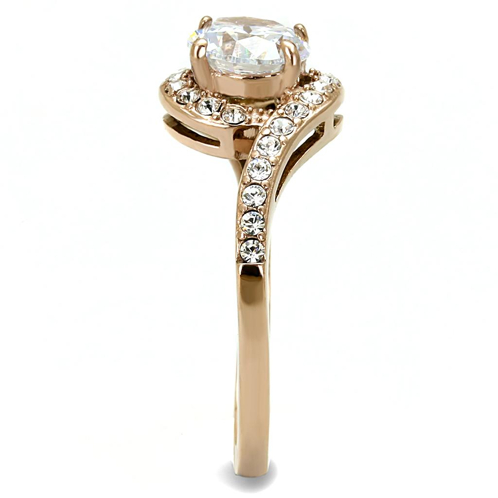 TK3178 IP Rose Gold Stainless Steel Ring featuring a clear AAA Grade CZ stone, showcasing elegance and durability.