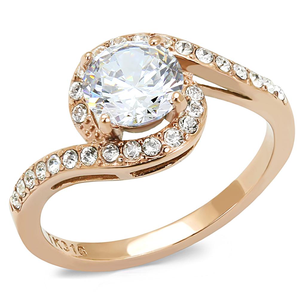 TK3178 IP Rose Gold Stainless Steel Ring featuring a clear AAA Grade CZ stone, showcasing elegance and durability.