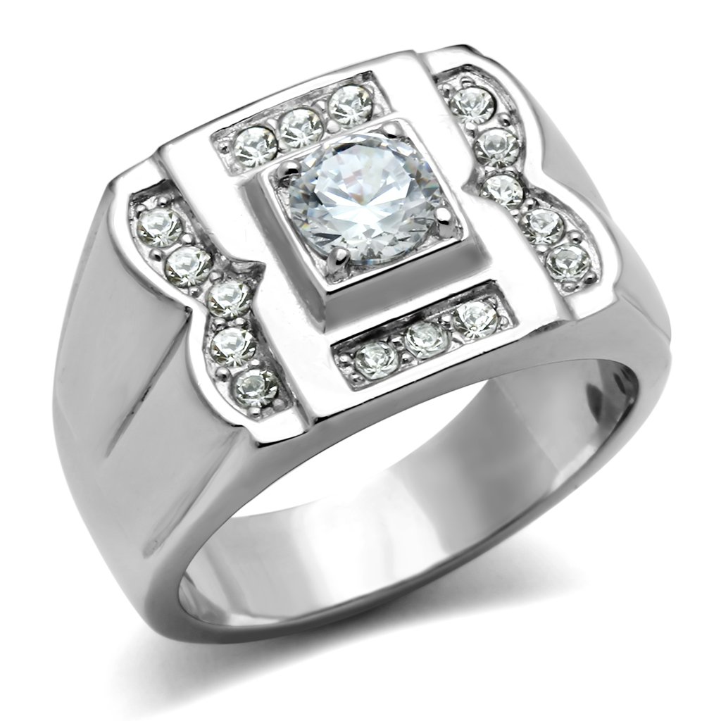 TK318 High Polished Stainless Steel Ring featuring AAA Grade clear CZ stone, showcasing its elegant design and shiny finish.