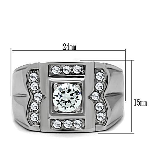 TK318 High Polished Stainless Steel Ring featuring AAA Grade clear CZ stone, showcasing its elegant design and shiny finish.