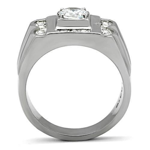 TK318 High Polished Stainless Steel Ring featuring AAA Grade clear CZ stone, showcasing its elegant design and shiny finish.