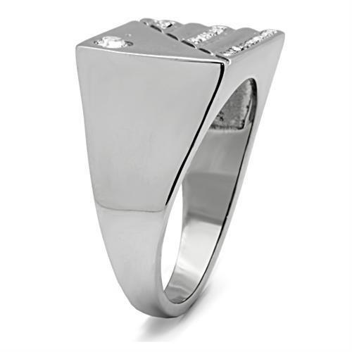 TK319 High Polished Stainless Steel Ring with clear top grade crystal centerpiece, showcasing a sleek and elegant design.