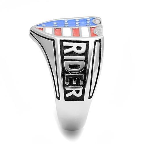 TK3192 High Polished Stainless Steel Ring featuring a vibrant multi-color epoxy center stone, showcasing a sleek and modern design.