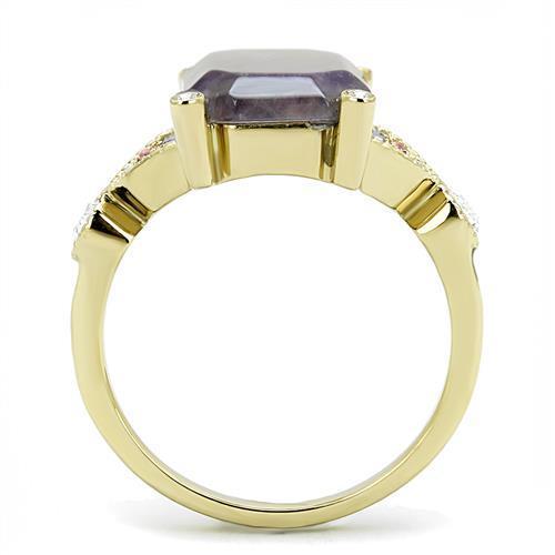 TK3195 IP Gold Stainless Steel Ring featuring a semi-precious Amethyst crystal, showcasing its elegant design and luxurious finish.