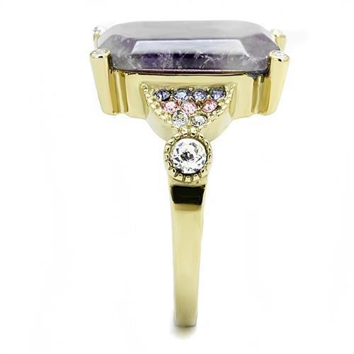 TK3195 IP Gold Stainless Steel Ring featuring a semi-precious Amethyst crystal, showcasing its elegant design and luxurious finish.