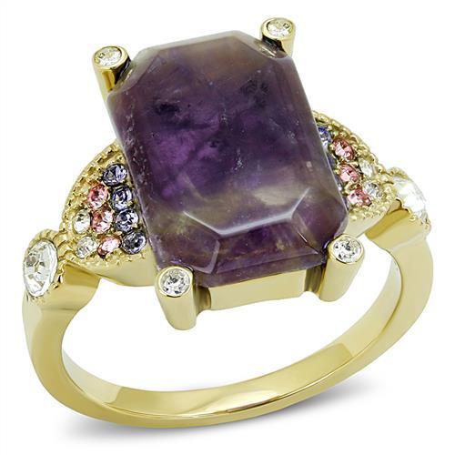 TK3195 IP Gold Stainless Steel Ring featuring a semi-precious Amethyst crystal, showcasing its elegant design and luxurious finish.